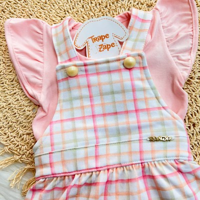 Conj. Body Manga Curta e Salopete Xadrez - Rosa